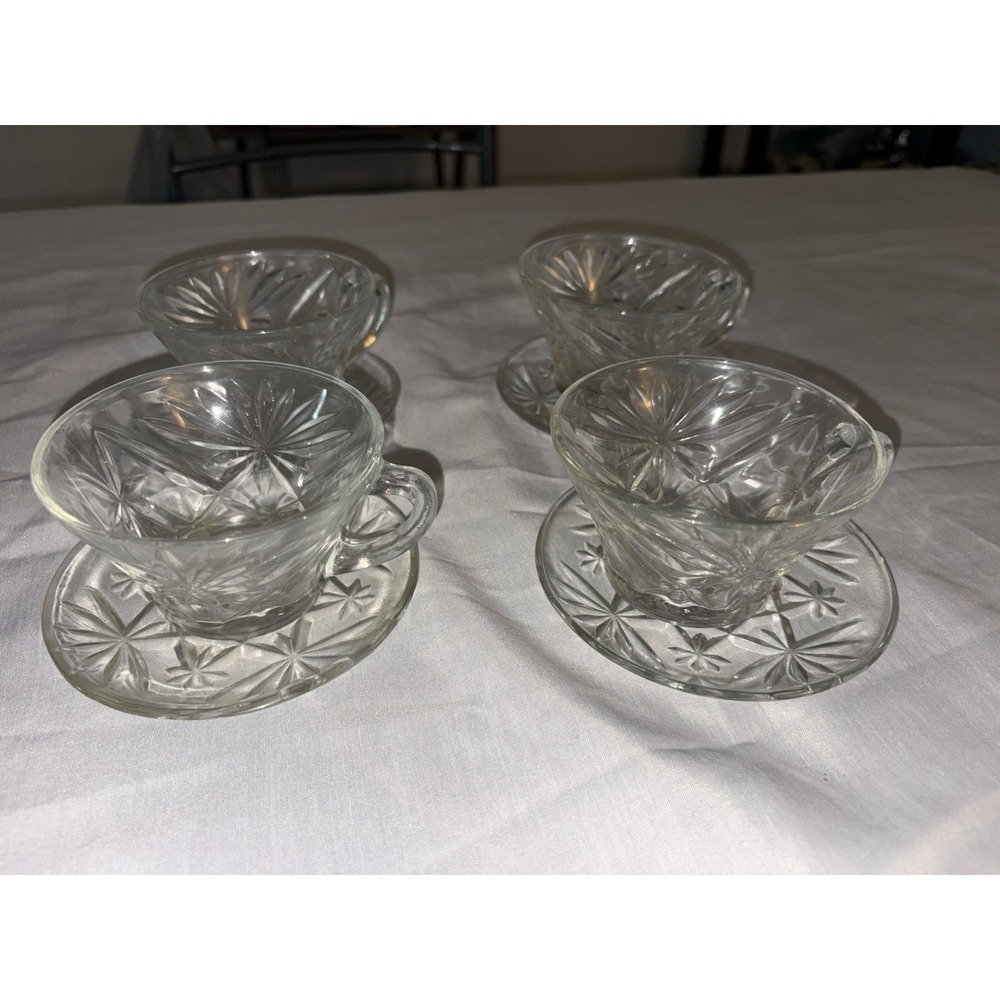 Vintage L.E. Smith Glass Pinwheel & Stars Cups & Saucers Set of 4